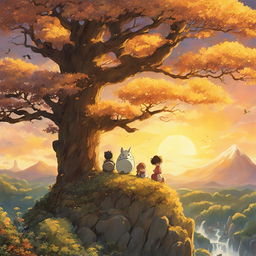 Detailed Studio Ghibli poster with iconic characters nestled in a whimsical tree under soft golden light