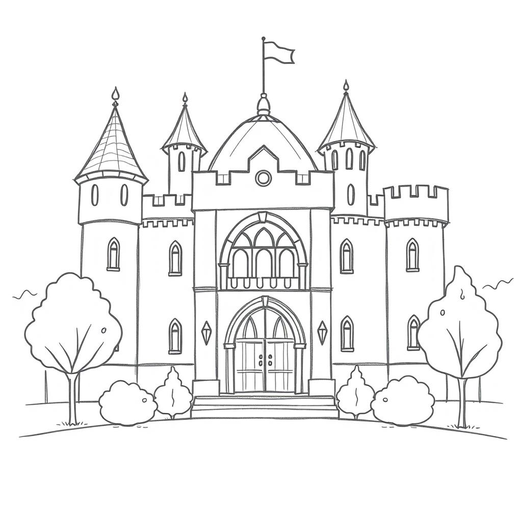 A simple and easy-to-draw pencil sketch of a legislative camera from the outside of a congress building, designed with a mix of medieval and avatar-inspired elements