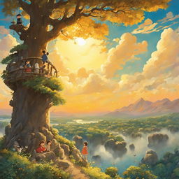 Detailed Studio Ghibli poster with iconic characters nestled in a whimsical tree under soft golden light