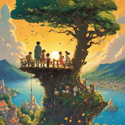 A more detailed Studio Ghibli poster with a multitude of characters interacting in a whimsical tree under a golden sunset