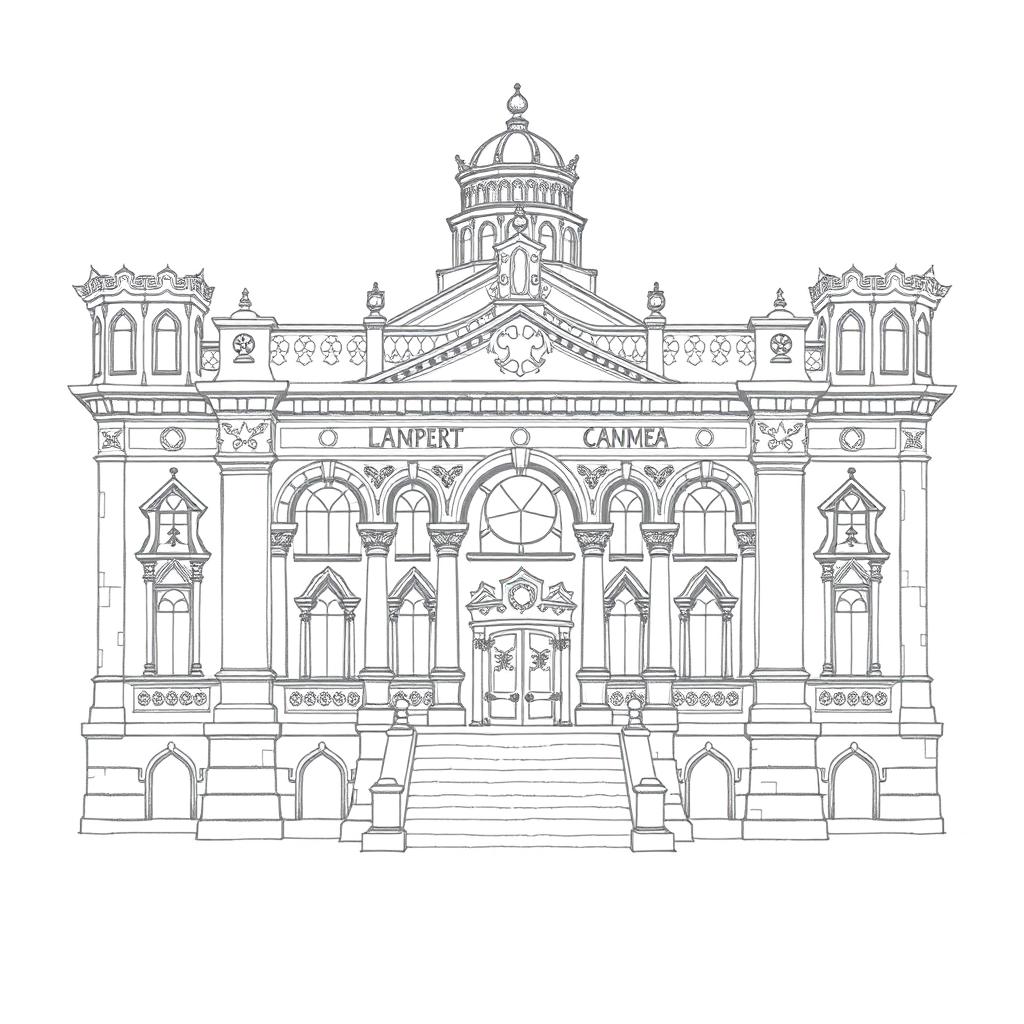 A simple pencil drawing of a legislative camera of a congress building, designed in a mix of avatar and medieval styles