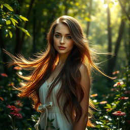 A beautiful, serene portrait of a young woman with flowing long hair, standing gracefully in a lush forest