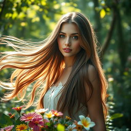 A beautiful, serene portrait of a young woman with flowing long hair, standing gracefully in a lush forest