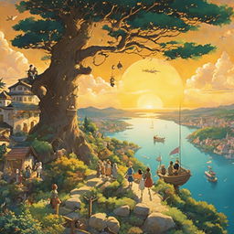 A more detailed Studio Ghibli poster with a multitude of characters interacting in a whimsical tree under a golden sunset