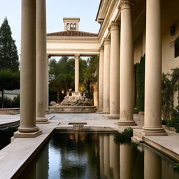 A central feature of a Roman inspired fountain with water flowing into a pool, surrounded by walkways with classical columns and arches.