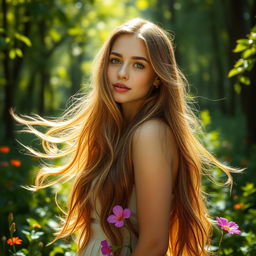 A beautiful, serene portrait of a young woman with flowing long hair, standing gracefully in a lush forest