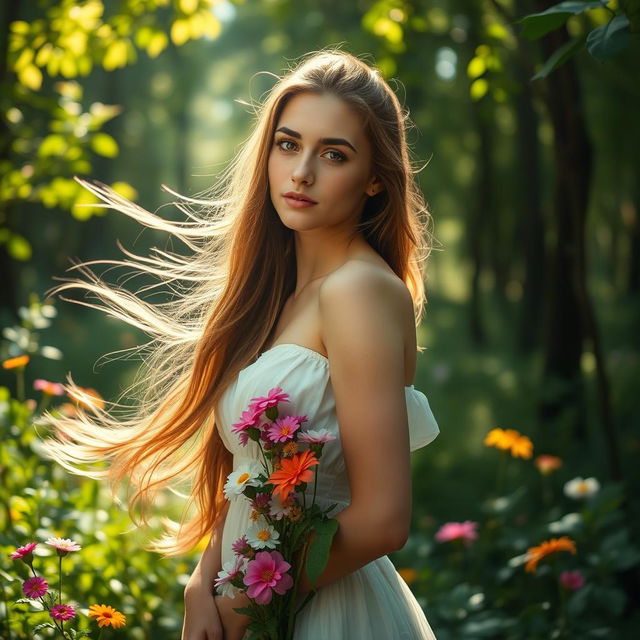 A beautiful, serene portrait of a young woman with flowing long hair, standing gracefully in a lush forest