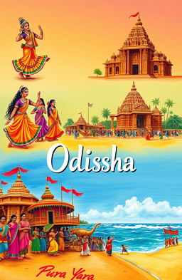 A detailed and vibrant representation of Odisha's rich culture and heritage, showcasing traditional dance forms like Odissi with dancers in colorful sarees and intricate jewelry, beautifully decorated temples such as the Konark Sun Temple with its exquisite carvings, and traditional handicrafts like Pattachitra paintings