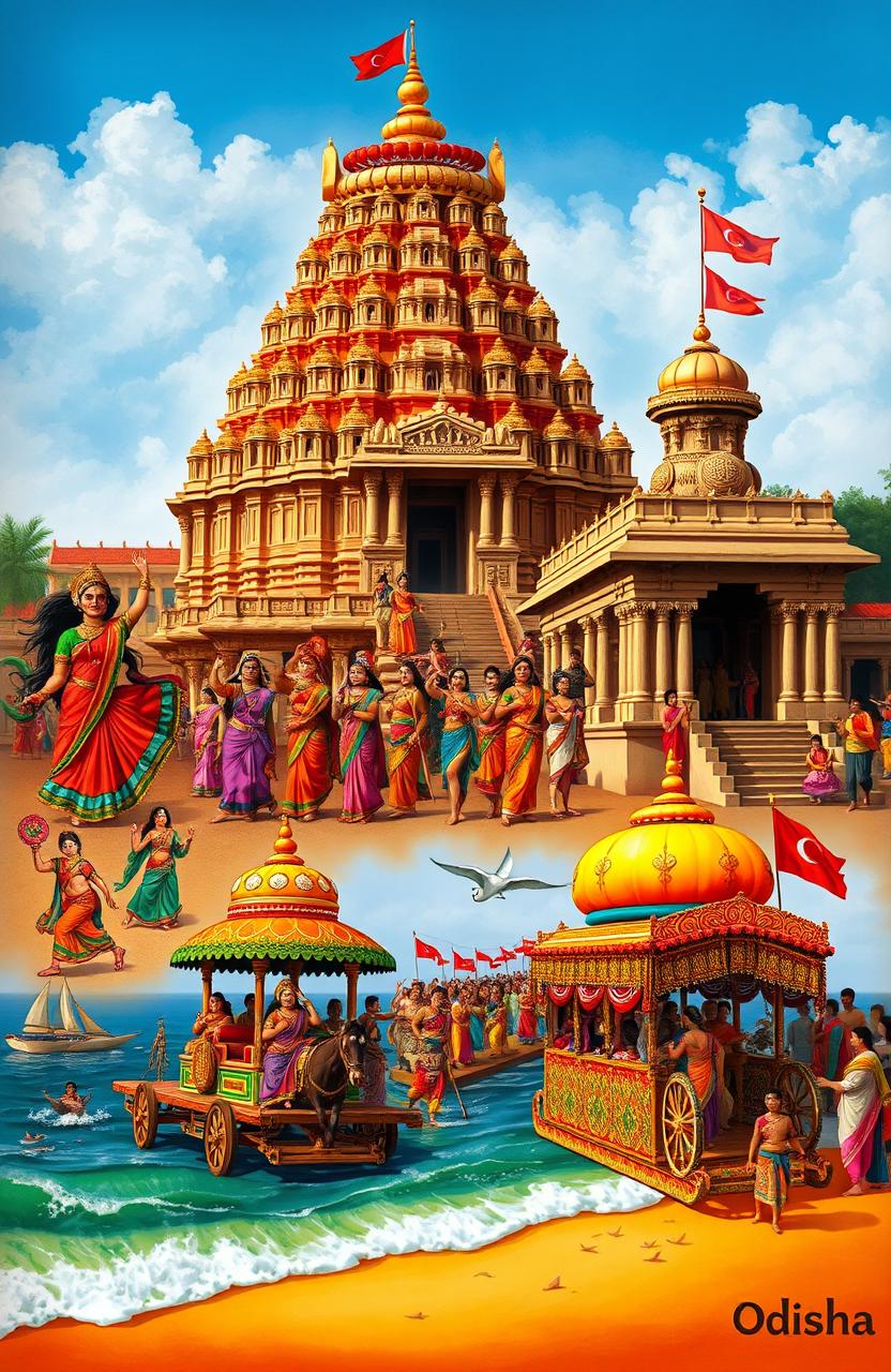 A detailed and vibrant representation of Odisha's rich culture and heritage, showcasing traditional dance forms like Odissi with dancers in colorful sarees and intricate jewelry, beautifully decorated temples such as the Konark Sun Temple with its exquisite carvings, and traditional handicrafts like Pattachitra paintings