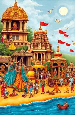 A detailed and vibrant representation of Odisha's rich culture and heritage, showcasing traditional dance forms like Odissi with dancers in colorful sarees and intricate jewelry, beautifully decorated temples such as the Konark Sun Temple with its exquisite carvings, and traditional handicrafts like Pattachitra paintings