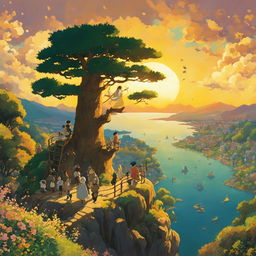 A more detailed Studio Ghibli poster with a multitude of characters interacting in a whimsical tree under a golden sunset