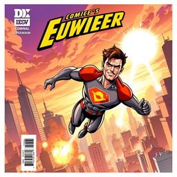 An action-packed comic book cover featuring an original superhero in dynamic motion