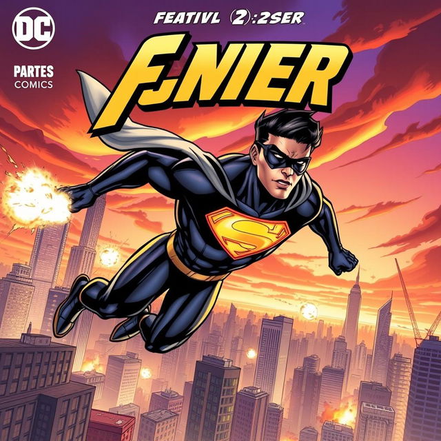 An action-packed comic book cover featuring an original superhero in dynamic motion