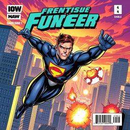 An action-packed comic book cover featuring an original superhero in dynamic motion