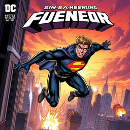 An action-packed comic book cover featuring an original superhero in dynamic motion