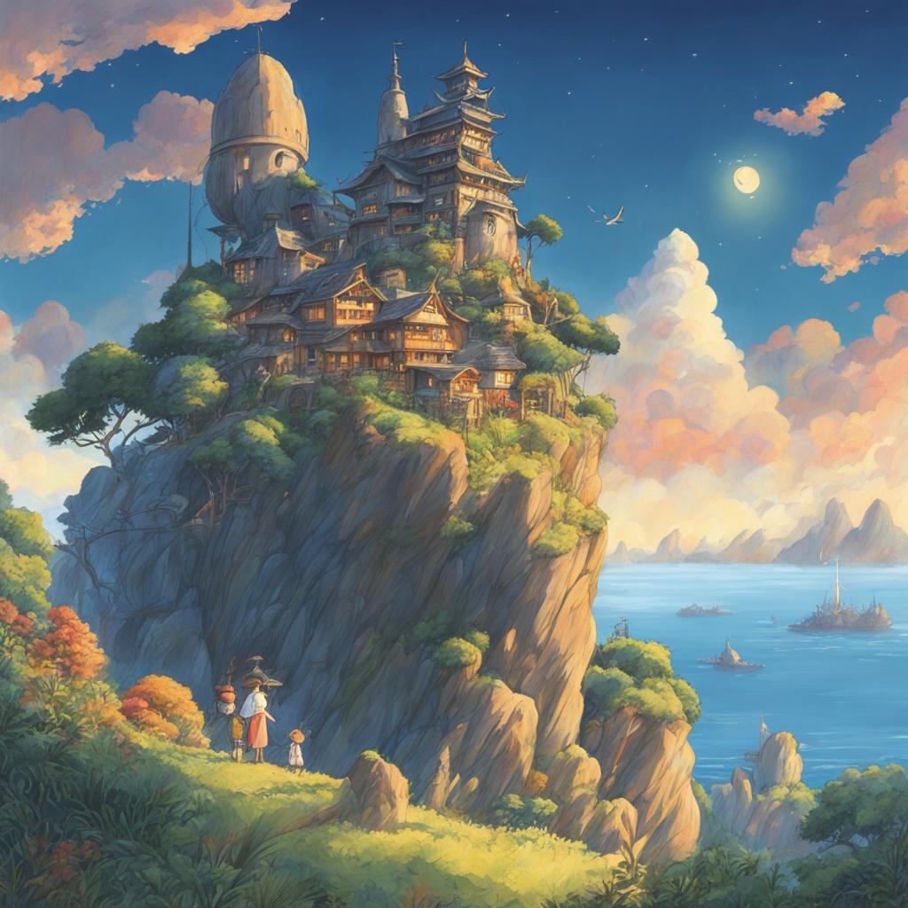 A detailed Studio Ghibli poster in pencil illustration featuring beloved characters and fantastical landscapes bathed in warm, expertly rendered lighting