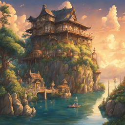 A detailed Studio Ghibli poster in pencil illustration featuring beloved characters and fantastical landscapes bathed in warm, expertly rendered lighting