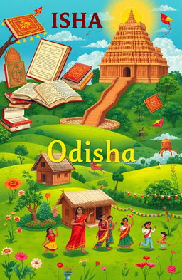 A vibrant depiction of Odisha's rich literature and culture, showcasing an array of traditional Odia books and manuscripts, cultural symbols like the Konark Sun Temple, intricate Pattachitra art paintings, and a humble village scene with locals engaged in a folk dance