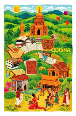 A vibrant depiction of Odisha's rich literature and culture, showcasing an array of traditional Odia books and manuscripts, cultural symbols like the Konark Sun Temple, intricate Pattachitra art paintings, and a humble village scene with locals engaged in a folk dance