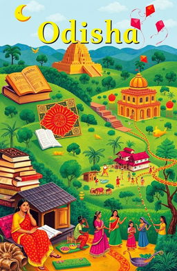 A vibrant depiction of Odisha's rich literature and culture, showcasing an array of traditional Odia books and manuscripts, cultural symbols like the Konark Sun Temple, intricate Pattachitra art paintings, and a humble village scene with locals engaged in a folk dance