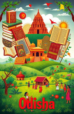 A vibrant depiction of Odisha's rich literature and culture, showcasing an array of traditional Odia books and manuscripts, cultural symbols like the Konark Sun Temple, intricate Pattachitra art paintings, and a humble village scene with locals engaged in a folk dance