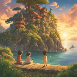 A detailed Studio Ghibli poster in pencil illustration featuring beloved characters and fantastical landscapes bathed in warm, expertly rendered lighting