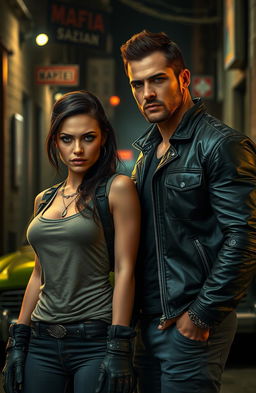 A strong female lead with an intense expression, dressed in stylish yet tactical clothing, standing confidently in a dimly lit alley