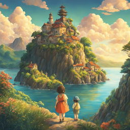 A detailed Studio Ghibli poster in pencil illustration featuring beloved characters and fantastical landscapes bathed in warm, expertly rendered lighting