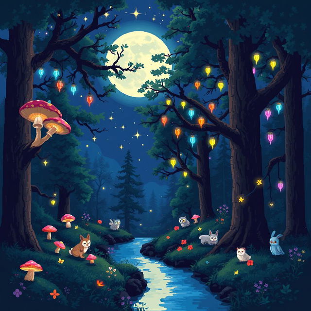 A pixel art scene depicting a magical nighttime forest wonderland, filled with glowing mushrooms, twinkling stars in a deep blue sky, and gentle, colorful fairy lights hanging from the branches of towering trees