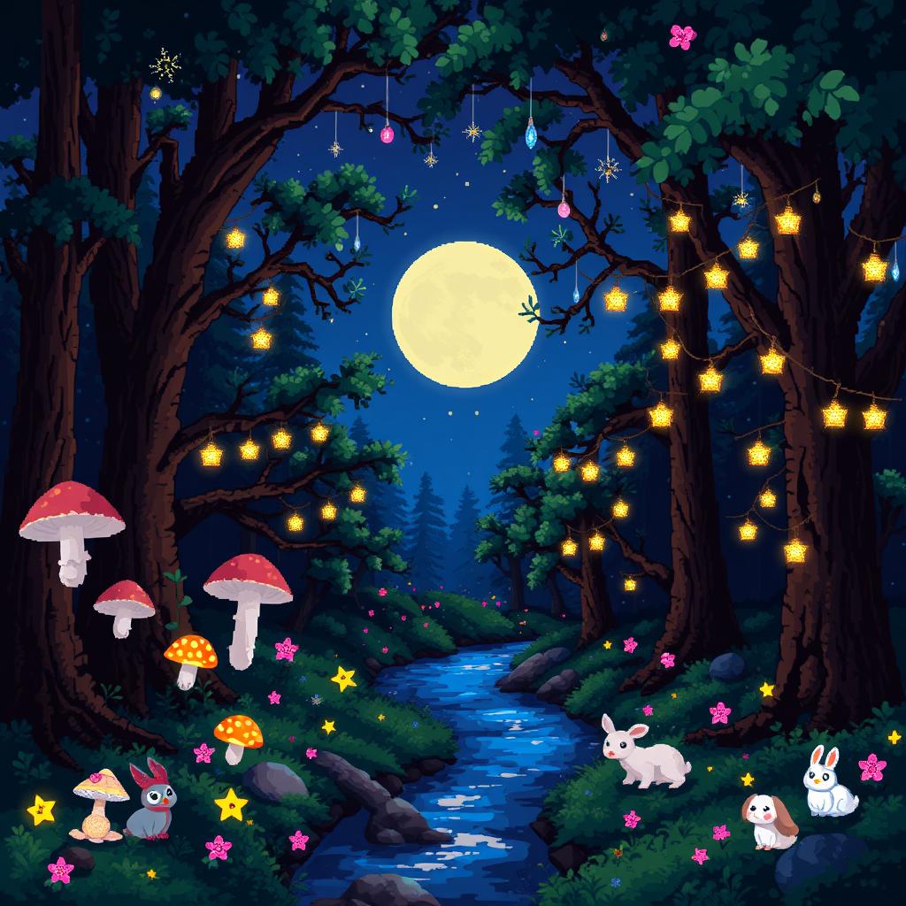 A pixel art scene depicting a magical nighttime forest wonderland, filled with glowing mushrooms, twinkling stars in a deep blue sky, and gentle, colorful fairy lights hanging from the branches of towering trees