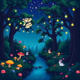 A pixel art scene depicting a magical nighttime forest wonderland, filled with glowing mushrooms, twinkling stars in a deep blue sky, and gentle, colorful fairy lights hanging from the branches of towering trees