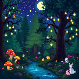 A pixel art scene depicting a magical nighttime forest wonderland, filled with glowing mushrooms, twinkling stars in a deep blue sky, and gentle, colorful fairy lights hanging from the branches of towering trees