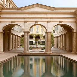 A central feature of a Roman inspired fountain with water flowing into a pool, surrounded by walkways with classical columns and arches.