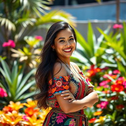 A beautiful 25-year-old Filipina woman, with rich brown skin, standing confidently