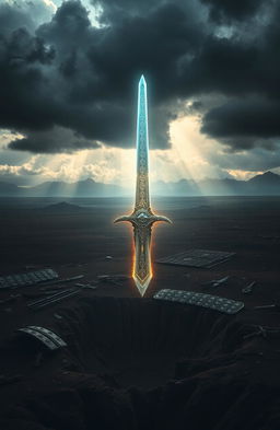 A stunning, ethereal view of a magic sword floating majestically over a vast war-scarred wasteland