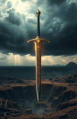 A stunning, ethereal view of a magic sword floating majestically over a vast war-scarred wasteland