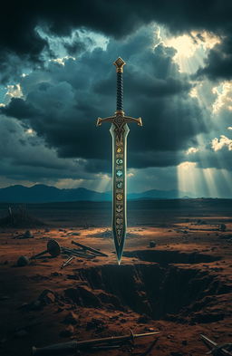 A stunning, ethereal view of a magic sword floating majestically over a vast war-scarred wasteland
