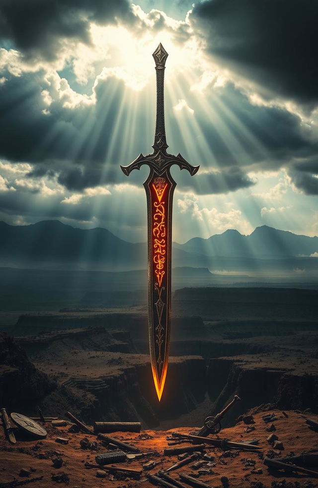 A stunning, ethereal view of a magic sword floating majestically over a vast war-scarred wasteland