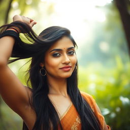 A beautiful Indian woman gracefully posed in a serene natural environment, capturing a peaceful moment of self-acceptance and empowerment