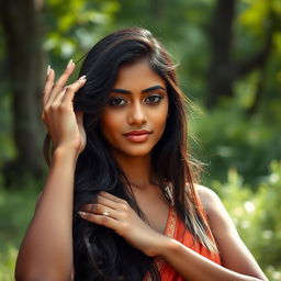 A beautiful Indian woman gracefully posed in a serene natural environment, capturing a peaceful moment of self-acceptance and empowerment
