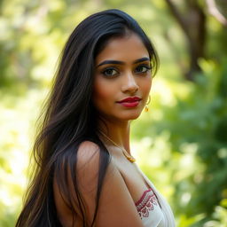 A beautiful Indian woman gracefully posed in a serene natural environment, capturing a peaceful moment of self-acceptance and empowerment