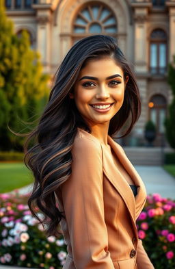 A stunning portrait of a young woman with a confident yet playful expression, standing in front of a grand, historic building