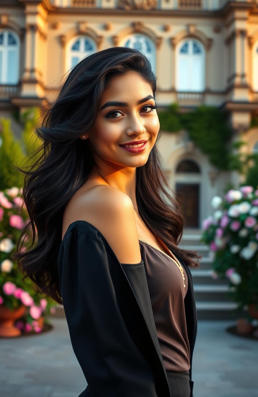 A stunning portrait of a young woman with a confident yet playful expression, standing in front of a grand, historic building