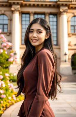 A stunning portrait of a young woman with a confident yet playful expression, standing in front of a grand, historic building