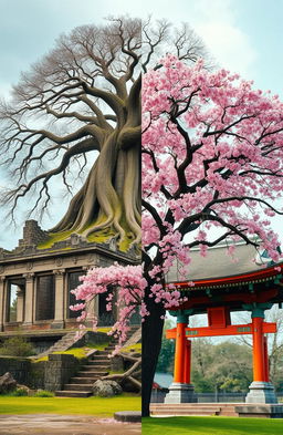 A beautiful and serene image featuring a mirrored contrast between the majestic Yggdrasil tree, symbolizing Norse mythology, towering over an ancient, crumbling ruin temple, rich with intricate carvings and nature reclaiming the stone structure