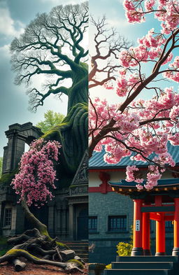 A beautiful and serene image featuring a mirrored contrast between the majestic Yggdrasil tree, symbolizing Norse mythology, towering over an ancient, crumbling ruin temple, rich with intricate carvings and nature reclaiming the stone structure