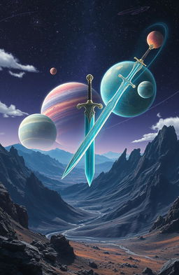 A magic sword floating gracefully over a vast, rugged mountainous wasteland