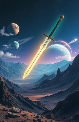 A magic sword floating gracefully over a vast, rugged mountainous wasteland