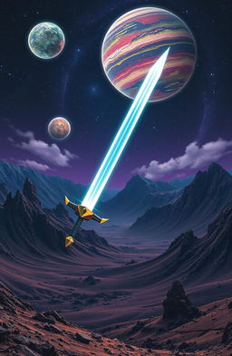 A magic sword floating gracefully over a vast, rugged mountainous wasteland