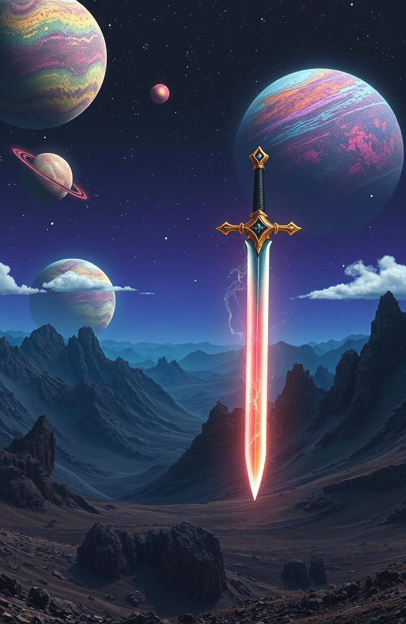 A magic sword floating gracefully over a vast, rugged mountainous wasteland